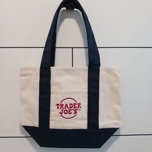 Trader Joe’s Mini Canvas Tote Bag Navy Blue Cream Red Logo